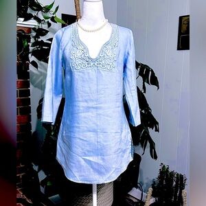 Malvin - 100% Linen light blue with embroidered neck line size Small (6)